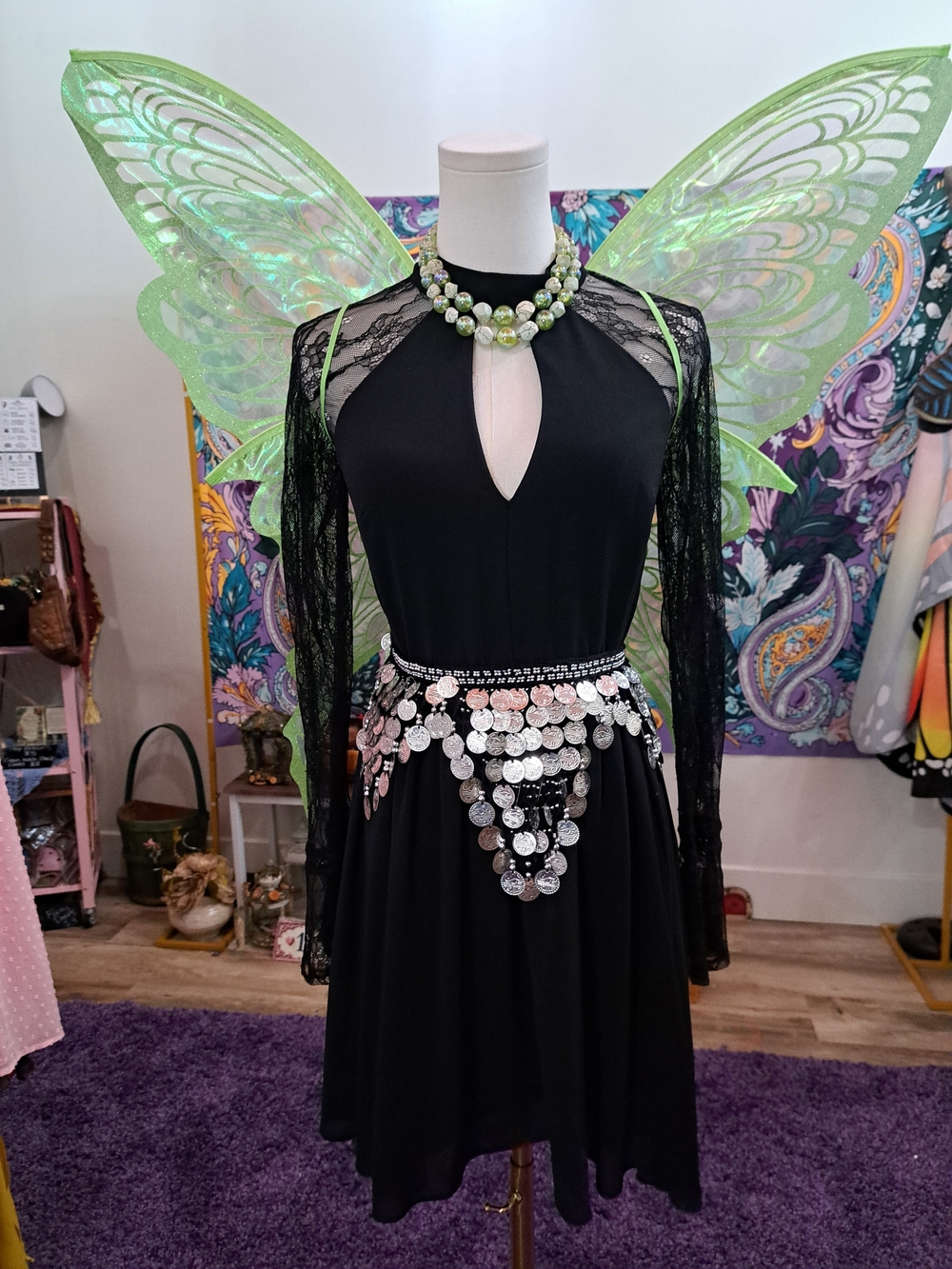 🧪💚 POTION FAIRY • Complete Black Fairy Outfit • Wings + Coin Scarf + Necklace
